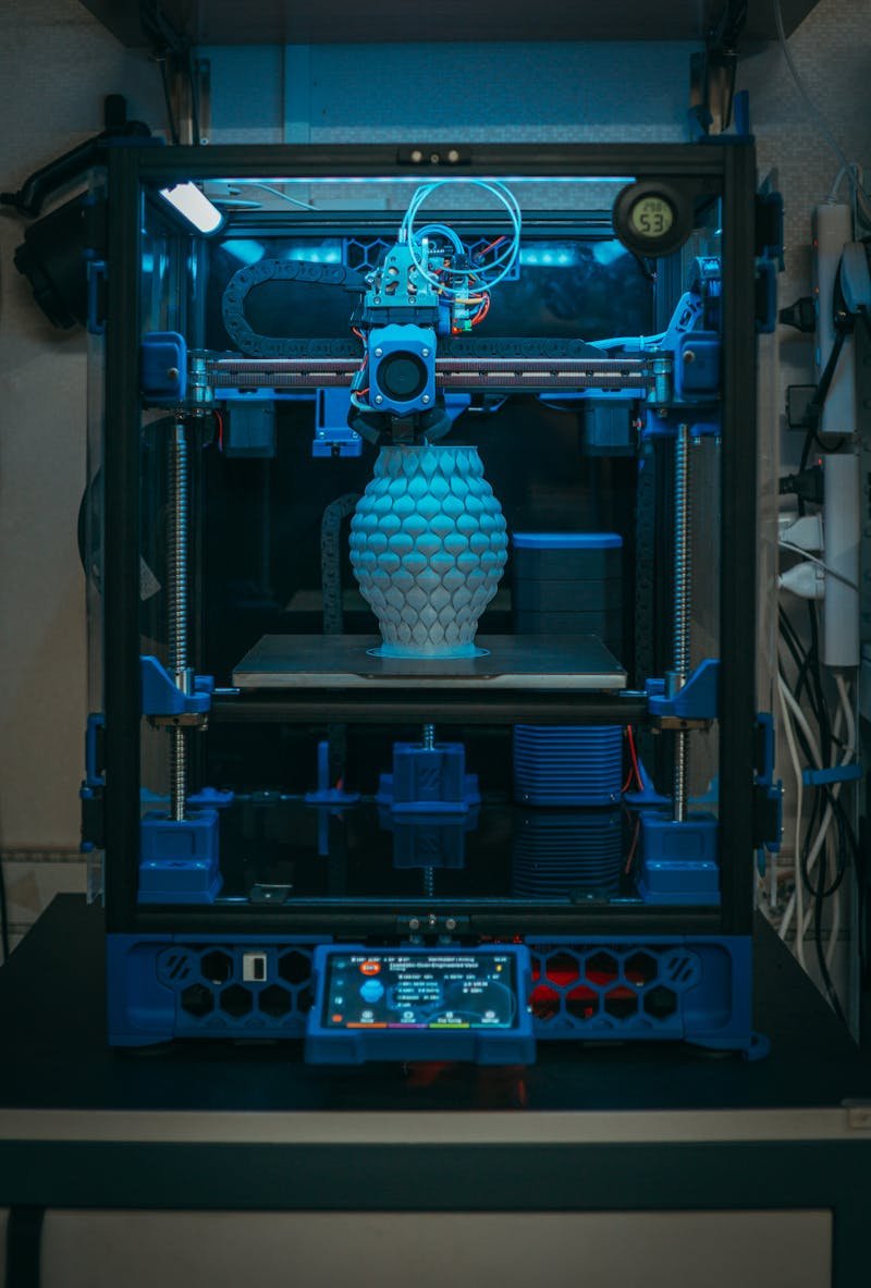 3D printer producing a detailed part from a CAD model created from photo references