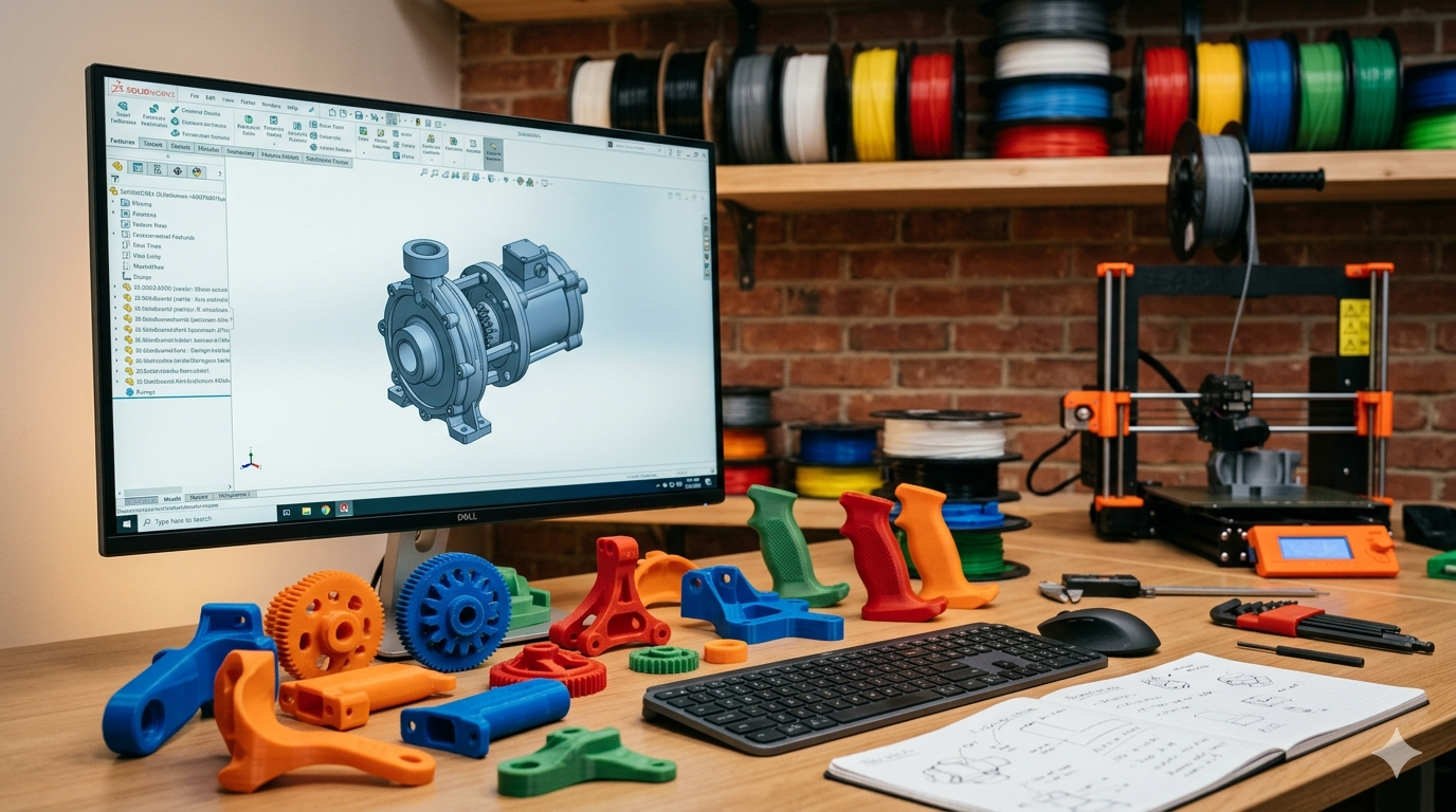 3d printing design service workspace with printed prototypes and cad