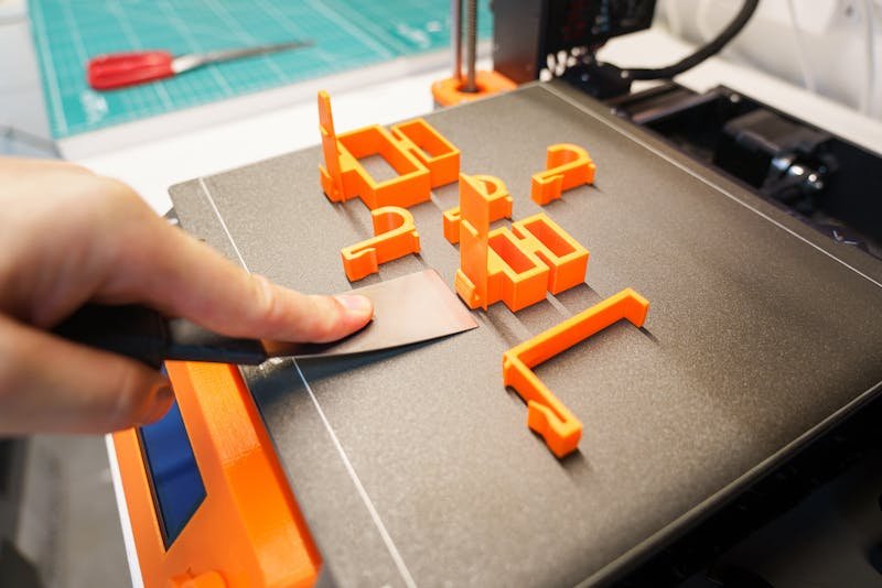 Hand removing a freshly 3D printed part from the print bed — the moment your idea becomes real