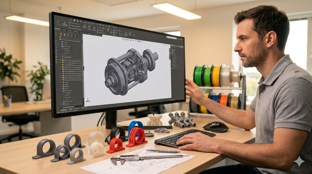hire solidworks designer reviewing cad project on dual monitors