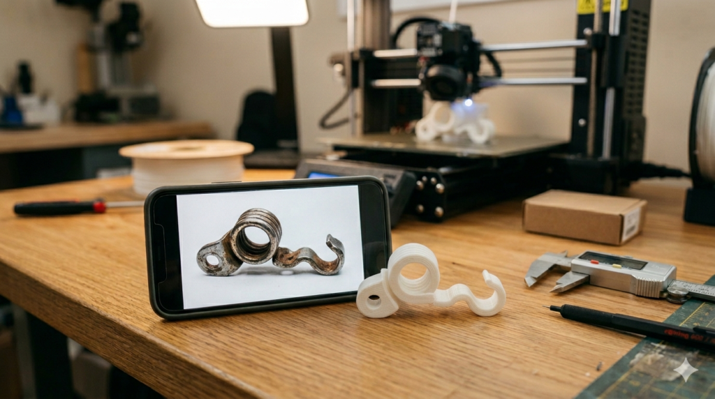 Smartphone photo of a metal part next to its 3D printed replica on a workshop desk