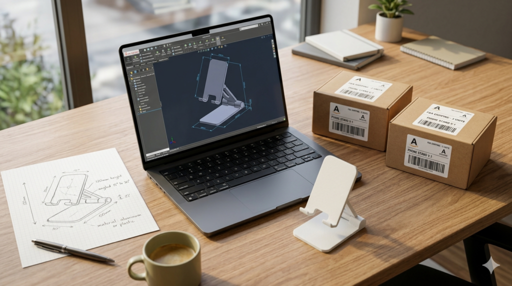 Entrepreneur's desk with CAD model on laptop, hand sketch, 3D-printed prototype, and Amazon FBA shipping boxes