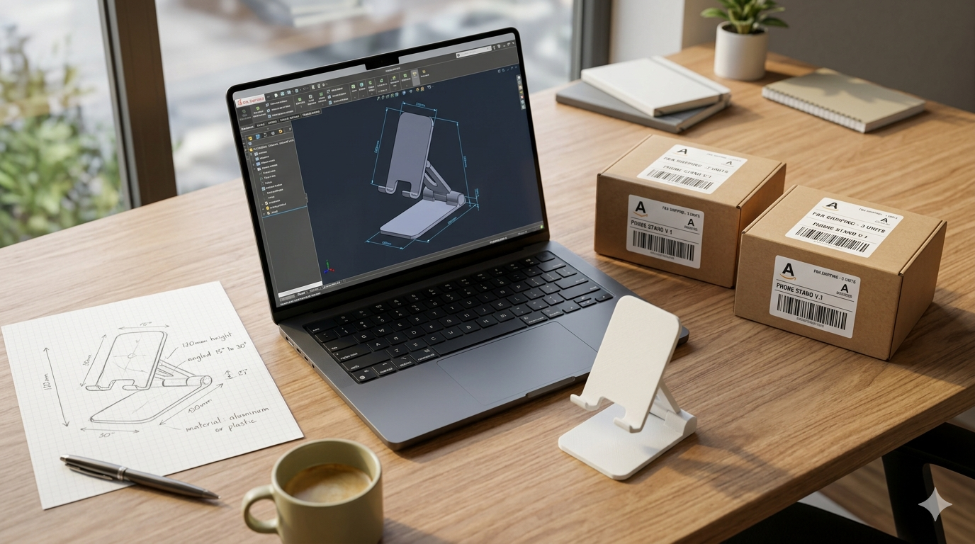 Entrepreneur's desk with CAD model on laptop, hand sketch, 3D-printed prototype, and Amazon FBA shipping boxes