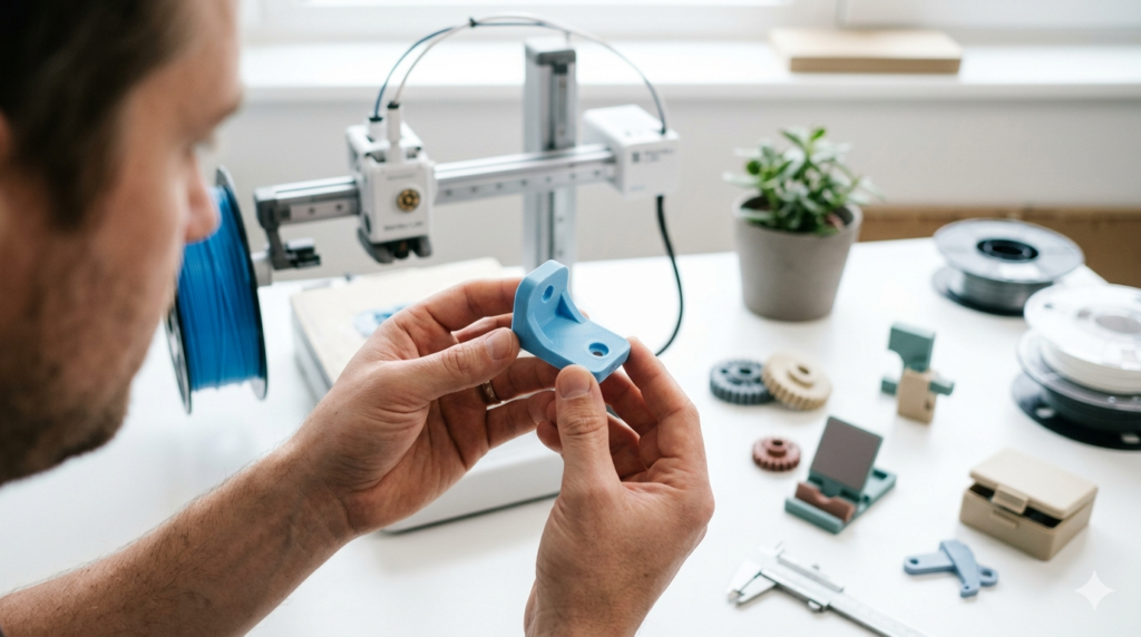 Hands holding a freshly 3D-printed bracket with a desktop 3D printer and sample parts in the background