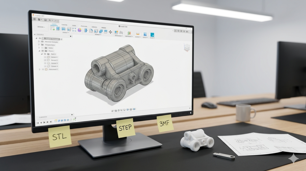 Computer monitor showing CAD software with a 3D-printed part and file format sticky notes on the desk