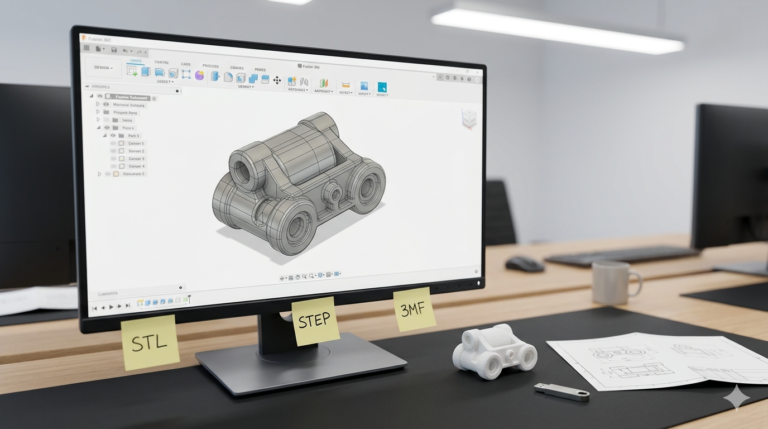 Computer monitor showing CAD software with a 3D-printed part and file format sticky notes on the desk