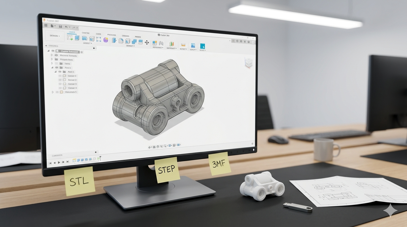 Computer monitor showing CAD software with a 3D-printed part and file format sticky notes on the desk