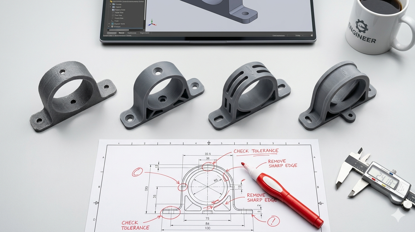 Four iterations of a 3D-printed bracket on a desk with corrected technical drawings and engineering tools