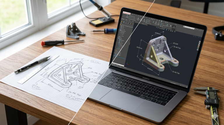 Hand-drawn pencil sketch of a bracket transforming into a 3D CAD model on a laptop screen — the sketch-to-CAD process visualized