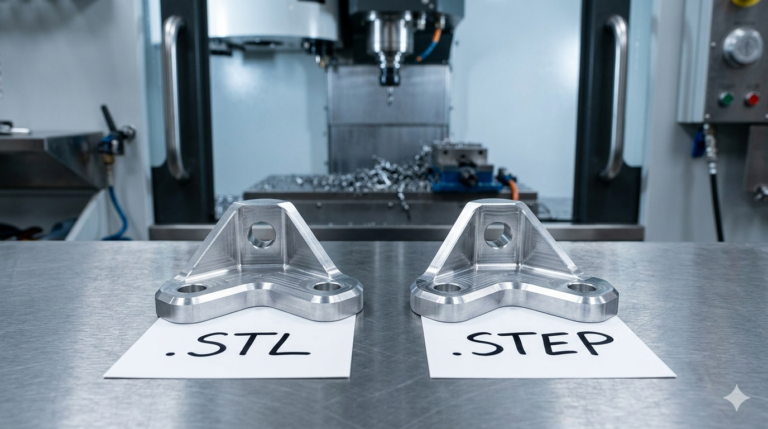 Two aluminum machined brackets on a steel surface with STL and STEP labels, CNC machine in background
