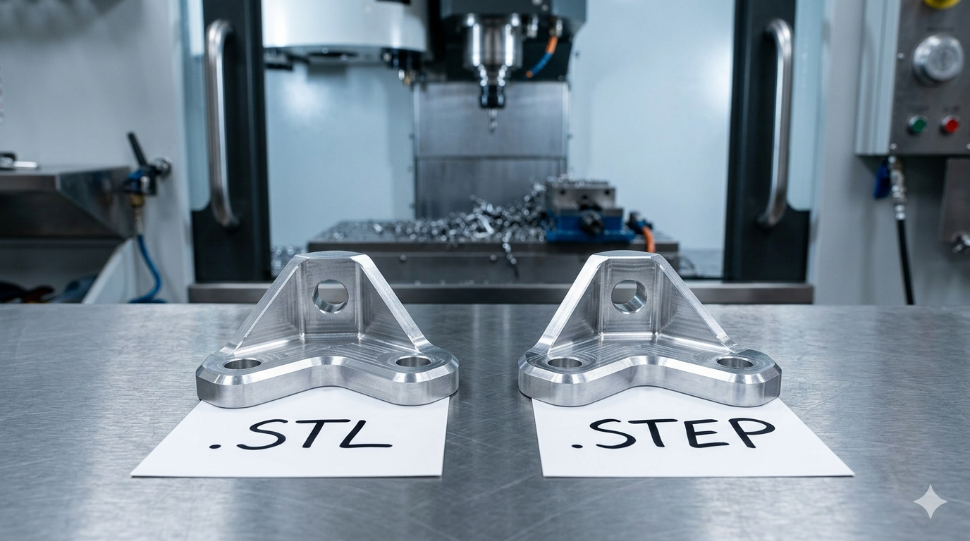 Two aluminum machined brackets on a steel surface with STL and STEP labels, CNC machine in background