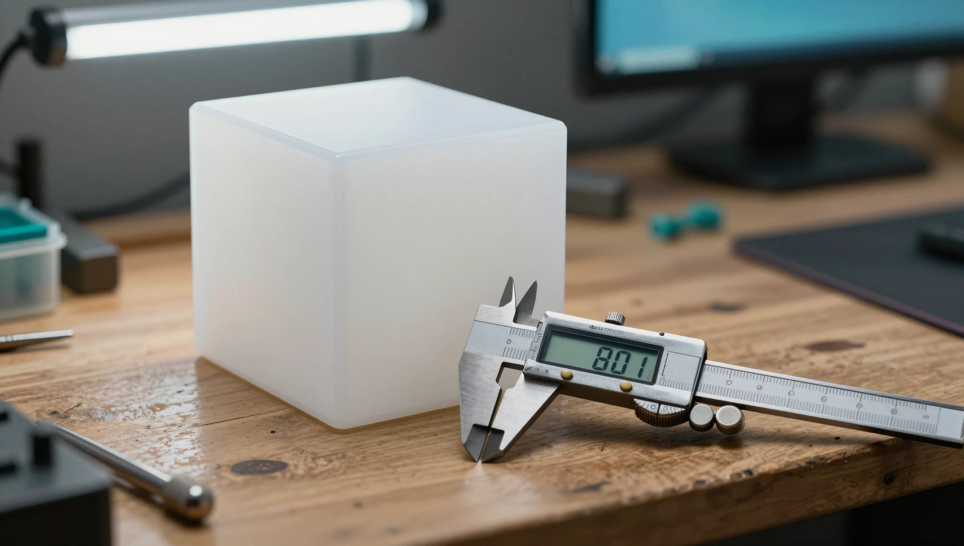 Tolerances and Clearances for 3D Printing — Proven Guide 4 3D printing calibration cube being measured with digital calipers to verify FDM dimensional accuracy before running assembly prints with correct clearance values