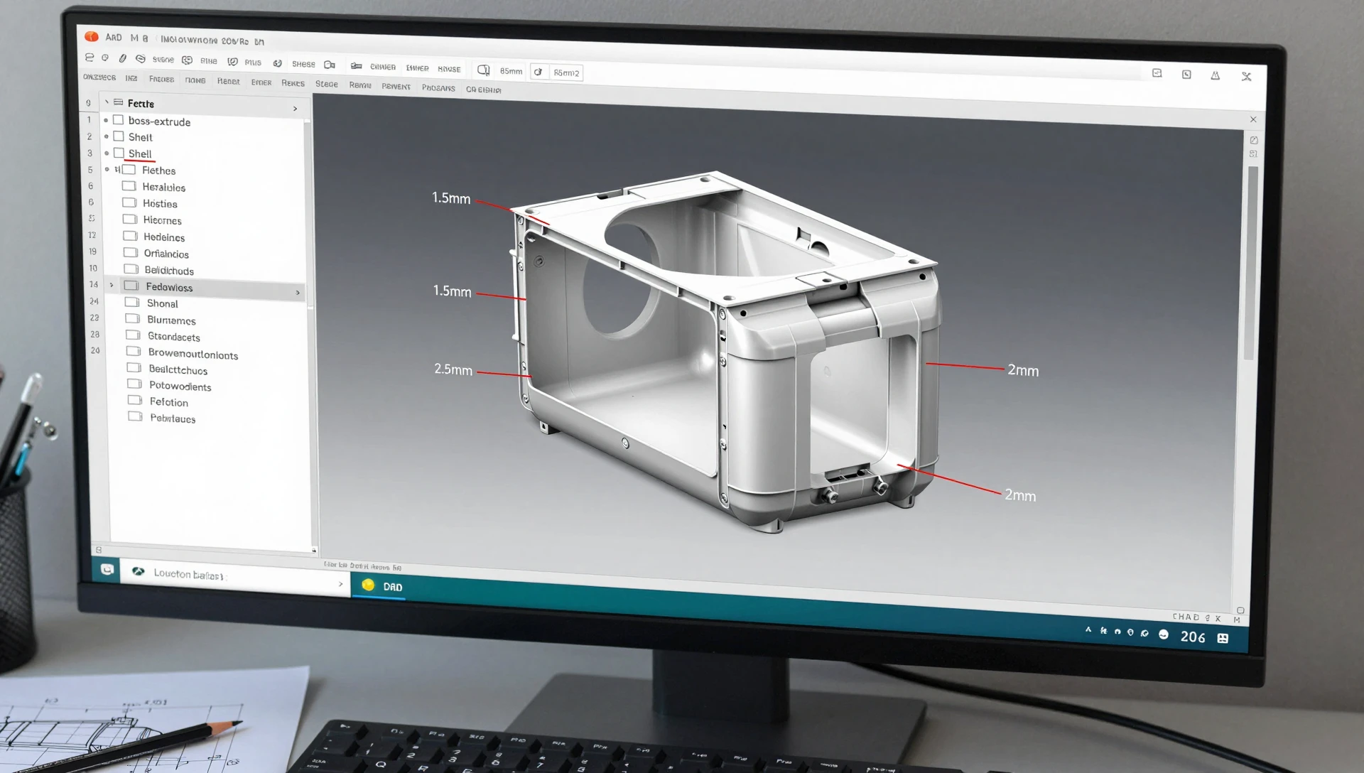 Amazon FBA Product Development — The Smart Seller Roadmap 2 SolidWorks CAD modeling screen showing wall thickness and draft angle annotations for Amazon FBA product development
