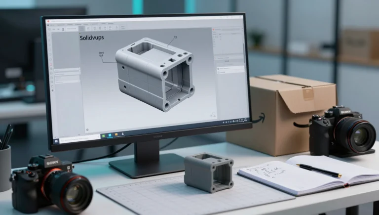 amazon fba product development workflow showing SolidWorks CAD model and 3D-printed prototype on a product designer desk