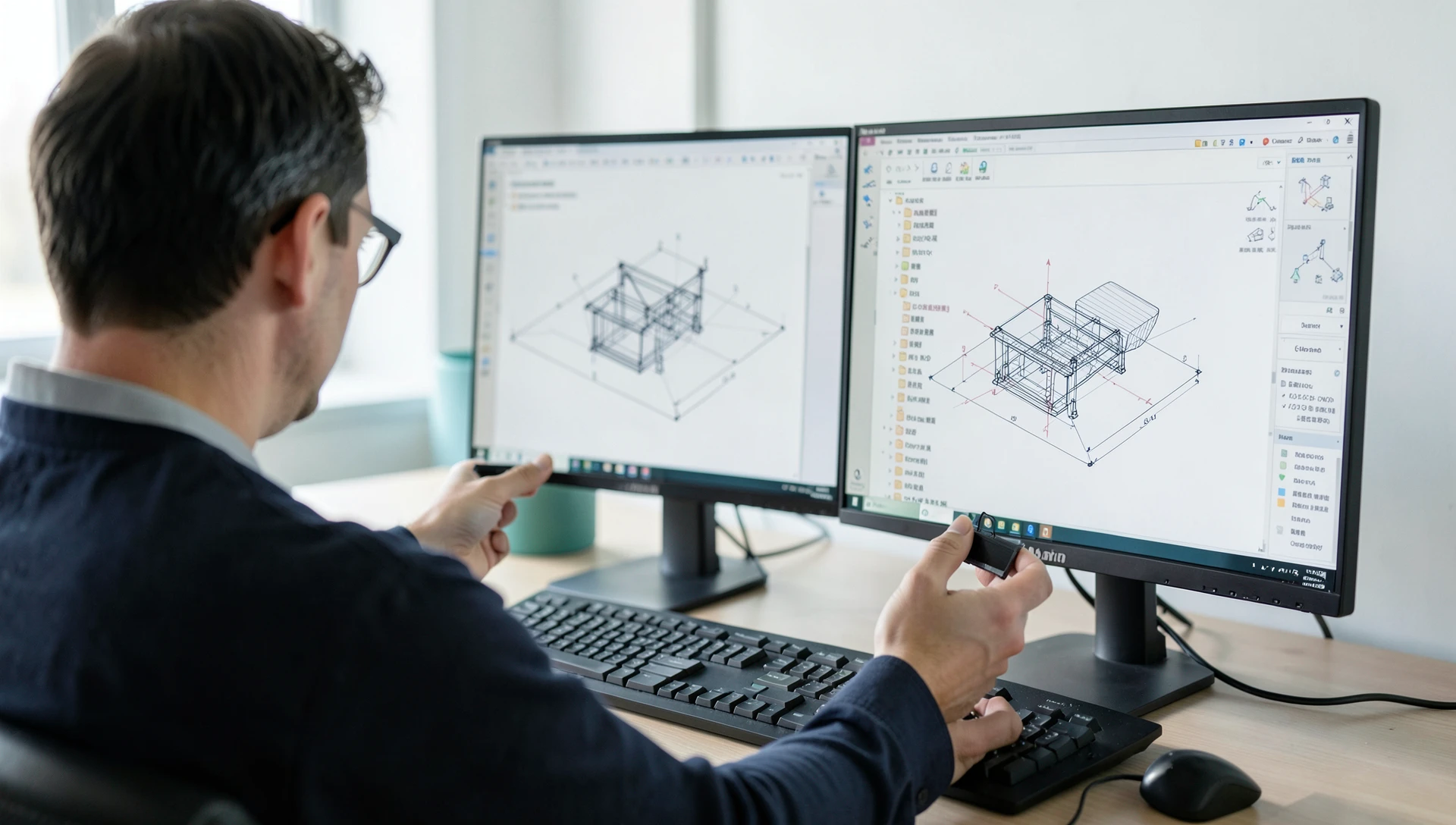 CAD Crowd vs Fiverr — An Honest Look at Both Platforms 4 Design engineer reviewing a parametric SolidWorks model beside the printed prototype, the standard for the best place to hire a cad designer
