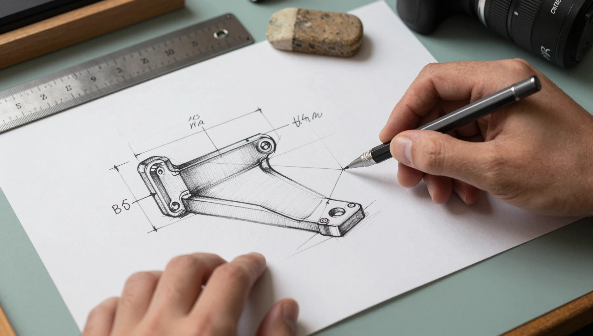 What to Send a CAD Designer Before Starting — Proven Guide 2 what to send a cad designer before starting — hand-drawn engineering sketch with labeled dimensions and callouts