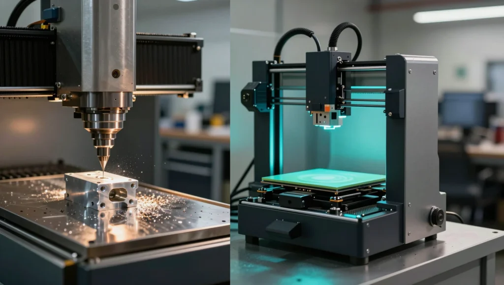 cnc vs 3d printing for low-volume parts — side by side CNC mill and 3D printer in industrial workshop