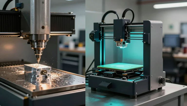 cnc vs 3d printing for low-volume parts — side by side CNC mill and 3D printer in industrial workshop