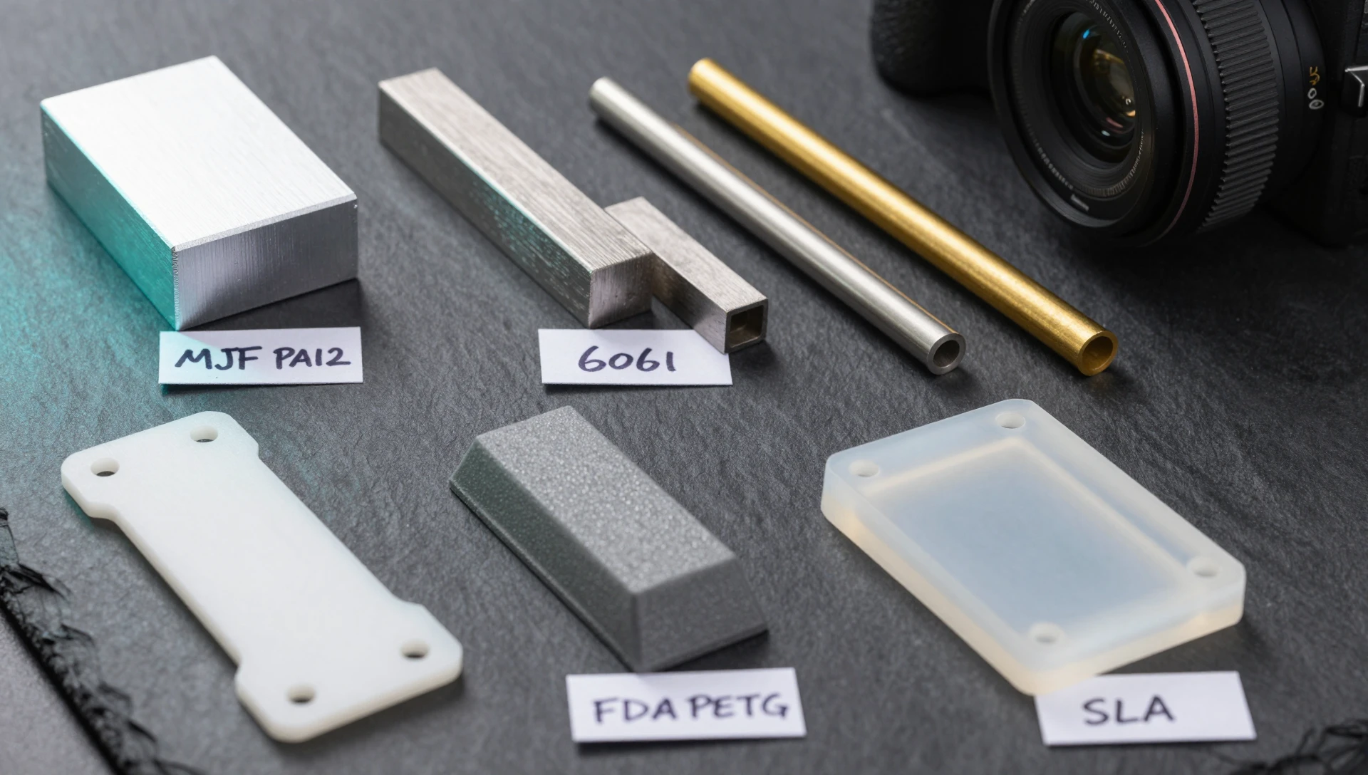CNC vs 3D Printing for Low-Volume Parts — The Proven Engineer's Guide 2 cnc vs 3d printing for low-volume parts material guide — machined aluminum and stainless samples next to MJF nylon and SLA resin parts