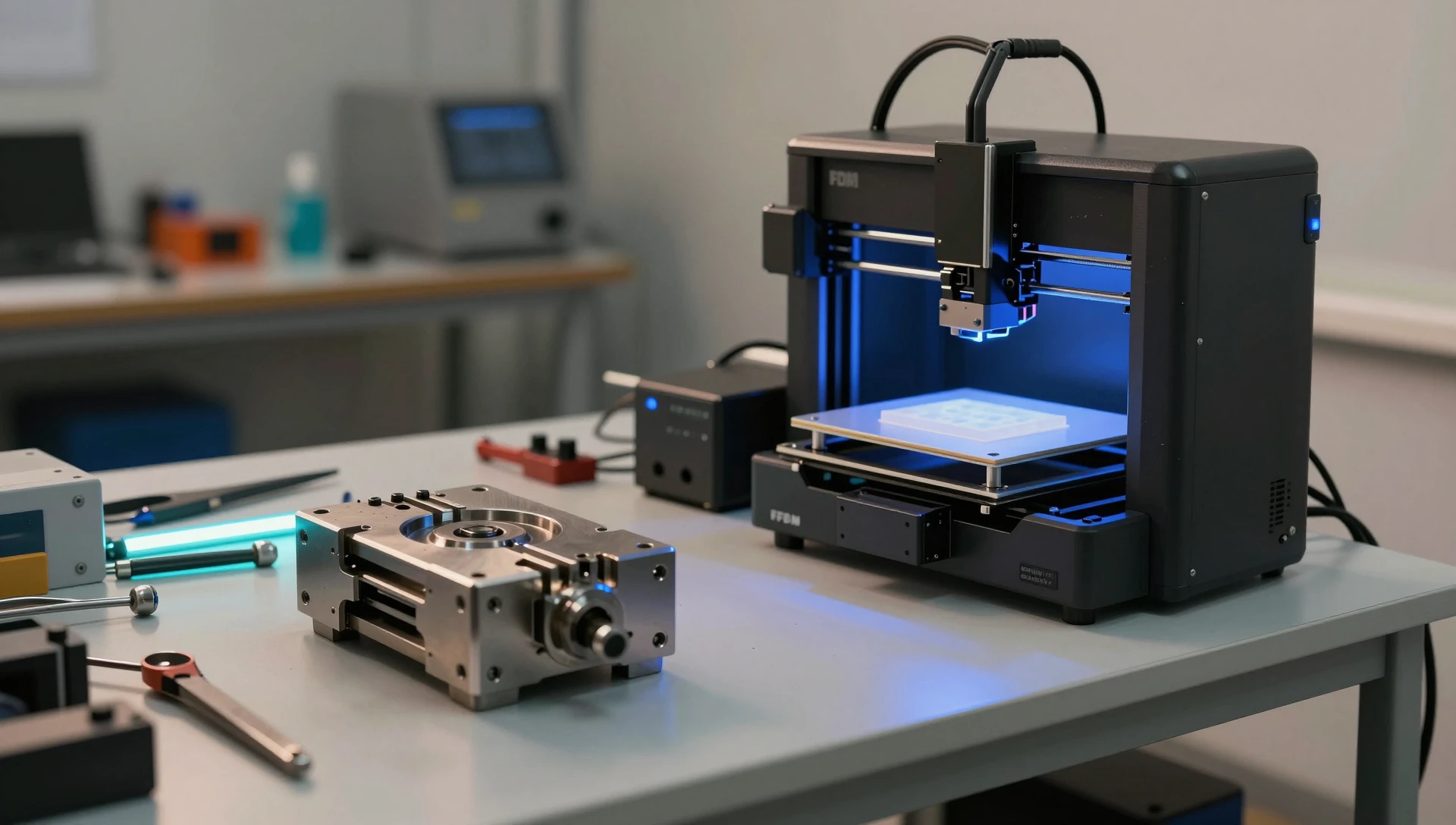 Design for Injection Molding vs 3D Printing — Honest Guide 1 Design for injection molding vs 3D printing comparison — steel mold tool alongside FDM printer in professional workshop