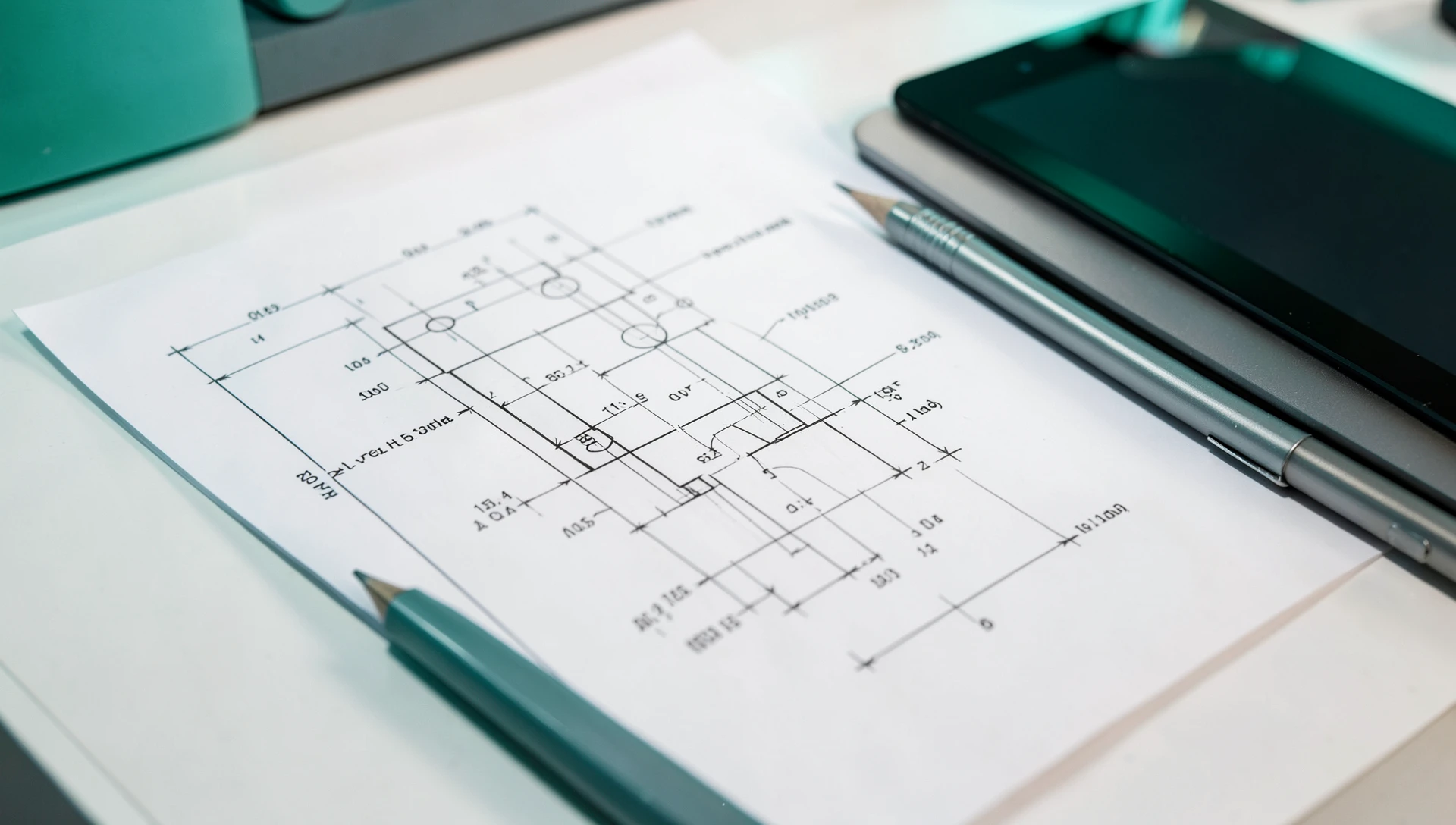 Drawing for 3D Printing — The Essential Technical Guide 2 Annotated CAD drawing for 3D printing with dimension callouts and tolerance specifications on a drafting table