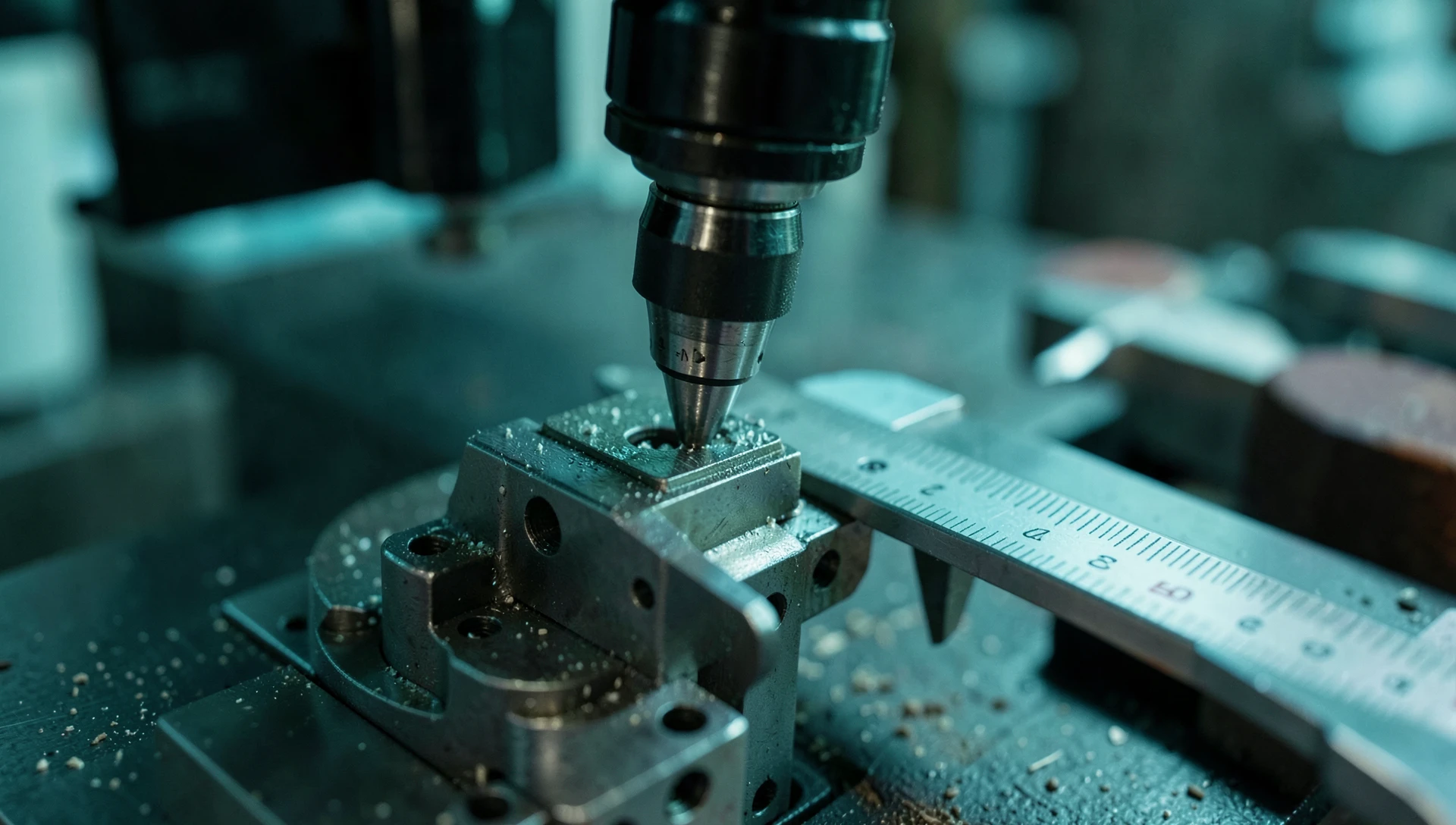 Drawing for 3D Printing — The Essential Technical Guide 4 3D printer producing a precision part, with a caliper measuring tolerances from a technical drawing for 3D printing