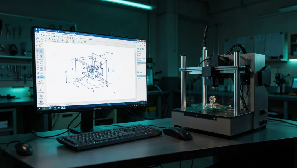Drawing for 3D Printing — The Essential Technical Guide 4 Engineer reviewing a technical drawing for 3D printing on a SolidWorks workstation