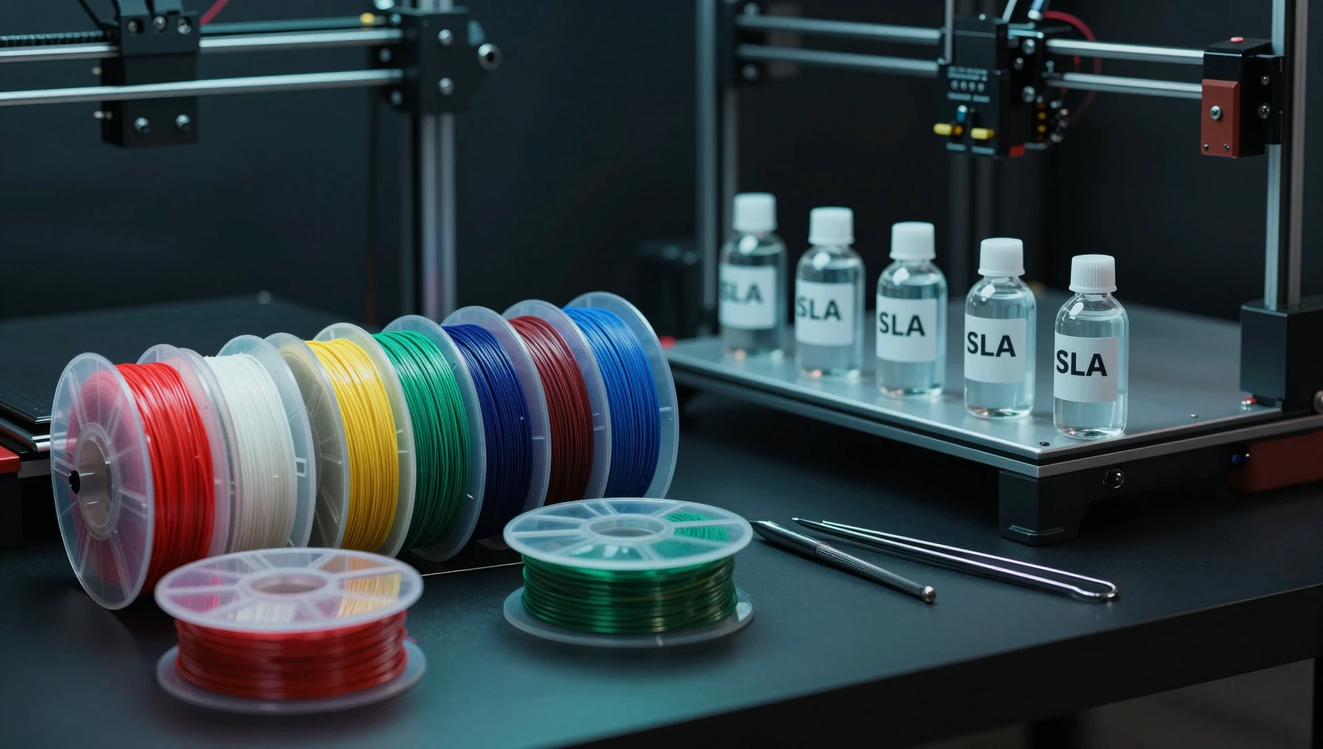 FDM vs SLA for Product Prototyping — Proven Engineer's Guide 3 FDM filament spools and SLA resin bottles compared — material options for 3d printing technology for prototypes side by side on engineering workbench