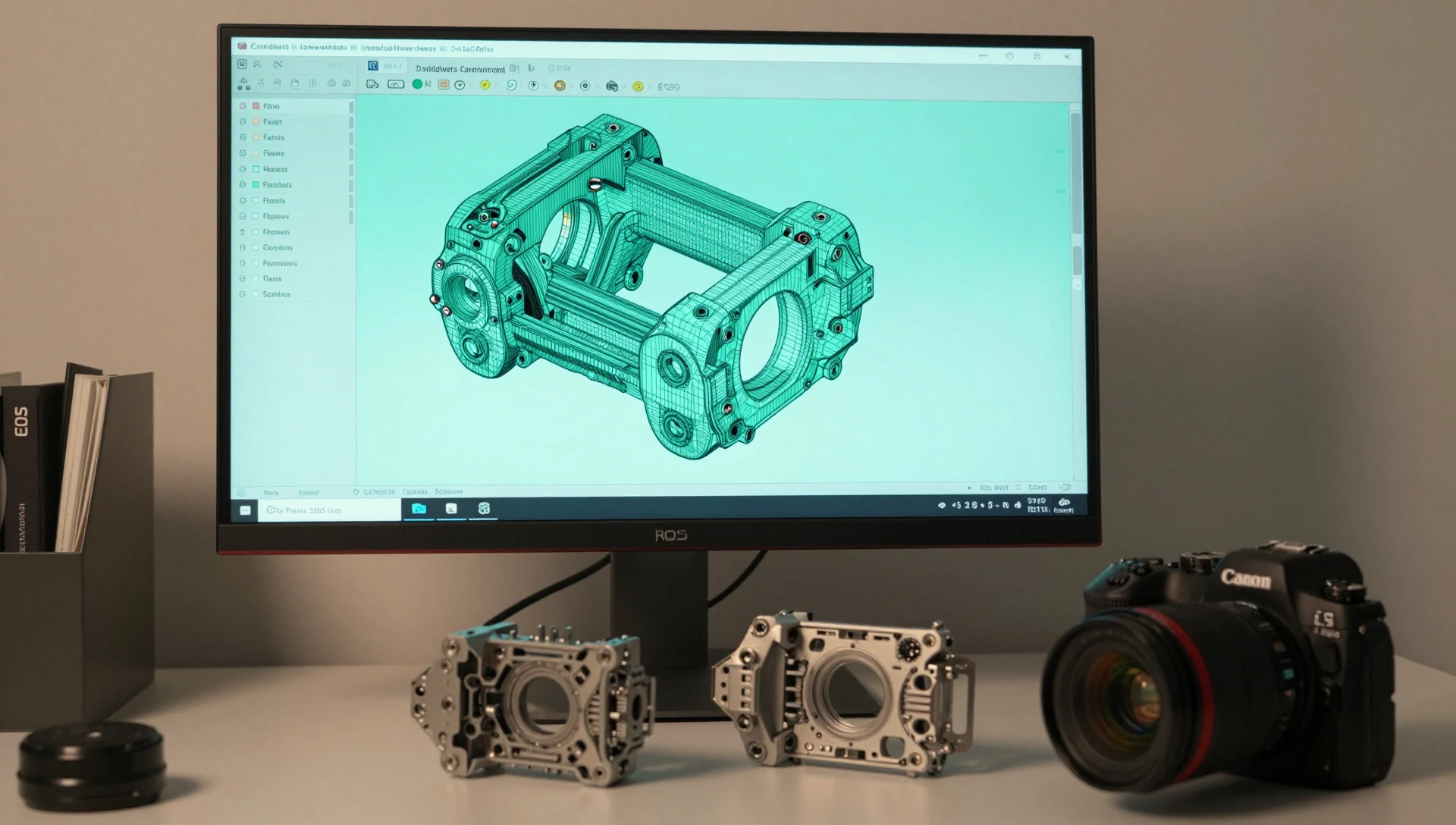 Product Design Prototype Cost — Honest Budget Guide 3 SolidWorks CAD feature tree on monitor beside physical prototype iterations showing prototype development cost process