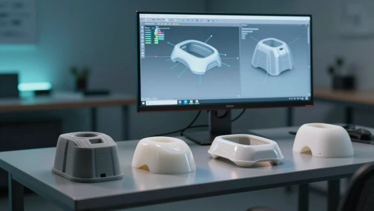 product design prototype cost — SolidWorks CAD model on screen with 3D printed prototype iterations on workbench