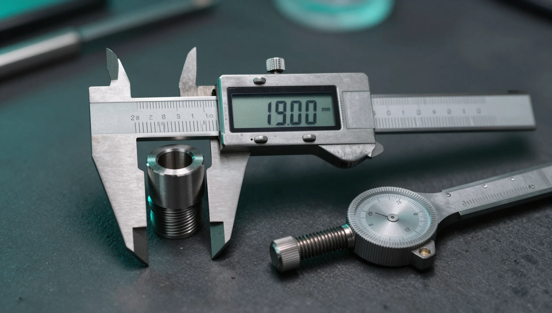 Digital caliper measuring a bore diameter on a machined steel part next to a thread pitch gauge and radius gauge set