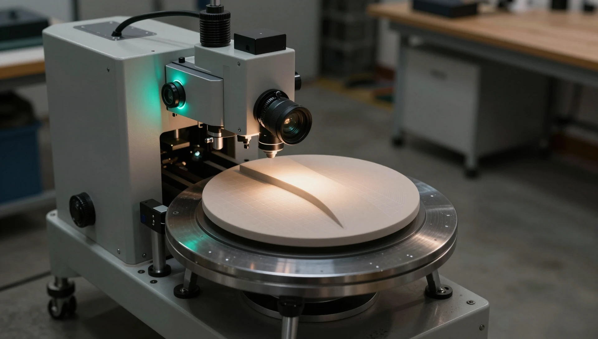 Structured light 3D scanner capturing a freeform curved part on a rotating turntable in a workshop