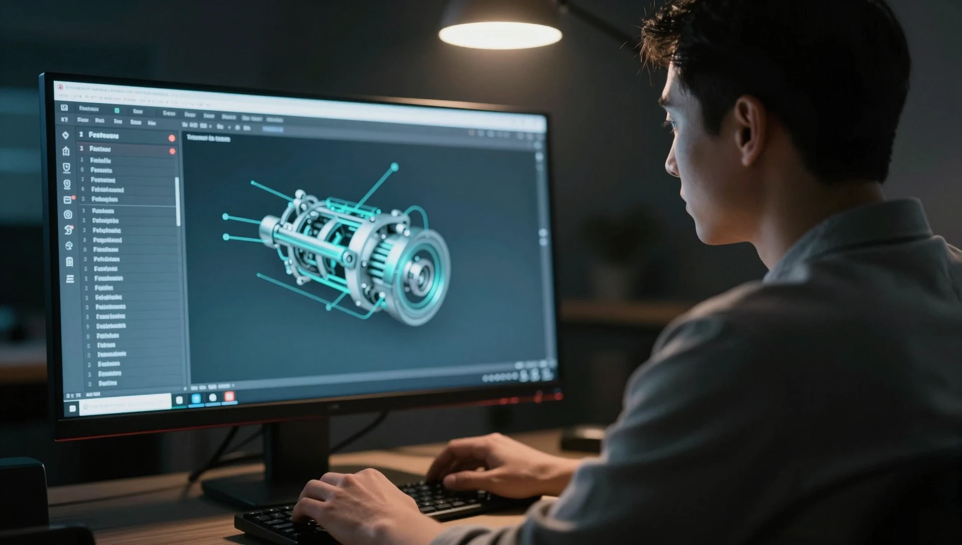 Reverse engineering to CAD in SolidWorks with a parametric feature tree beside the finished 3D part model on a widescreen monitor