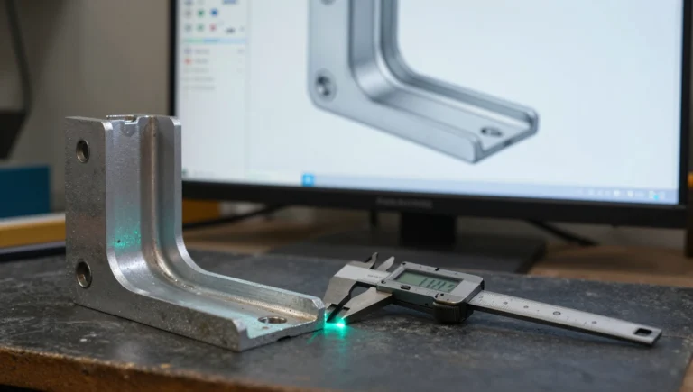 Reverse engineering to CAD workflow showing a worn aluminum bracket beside digital calipers and a parametric 3D model on screen