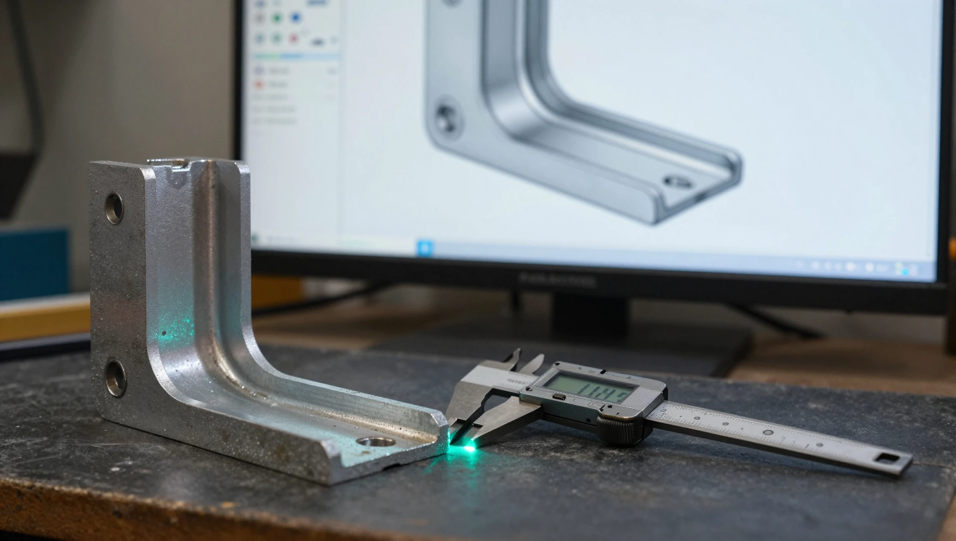 Reverse engineering to CAD workflow showing a worn aluminum bracket beside digital calipers and a parametric 3D model on screen