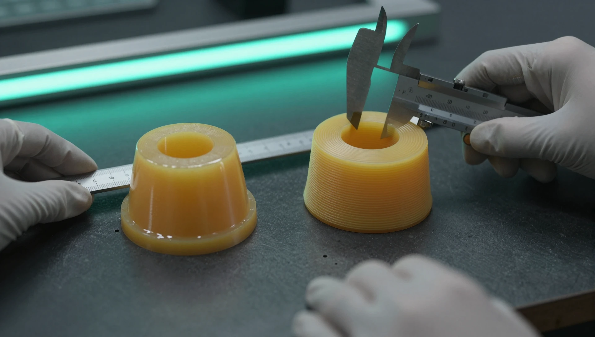 FDM vs SLA for Product Prototyping — Proven Engineer's Guide 2 FDM vs SLA for product prototyping accuracy comparison — smooth SLA resin part next to textured FDM prototype, engineer measuring with calipers