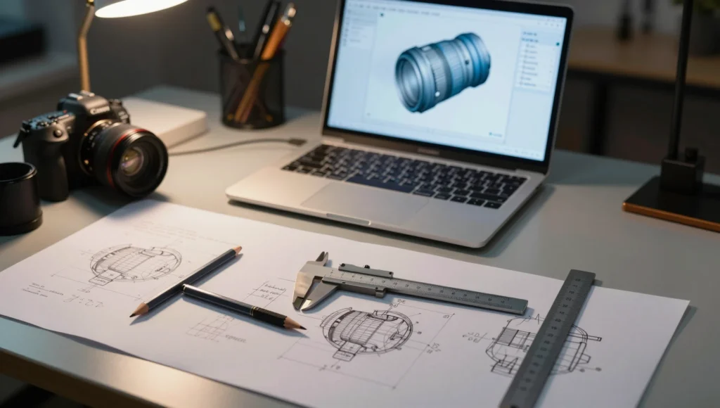 What to Send a CAD Designer Before Starting — Proven Guide 2 what to send a cad designer before starting — engineer desk with sketches calipers and solidworks model on laptop