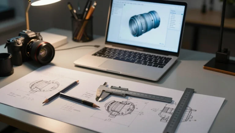 what to send a cad designer before starting — engineer desk with sketches calipers and solidworks model on laptop