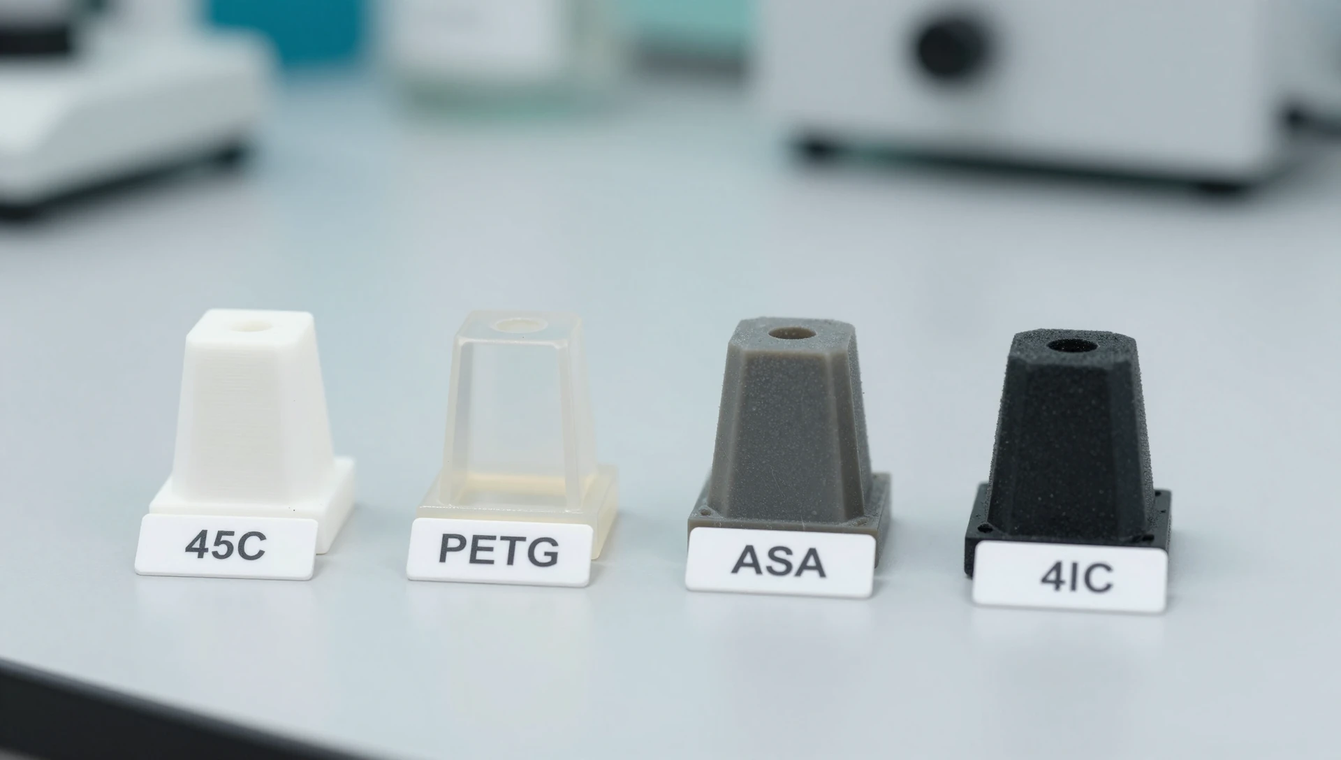 Jig and Fixture Design for 3D Printing — The Proven Guide 2 Material options for jig and fixture design for 3D printing — PLA, PETG, ASA, and nylon samples compared for manufacturing tooling