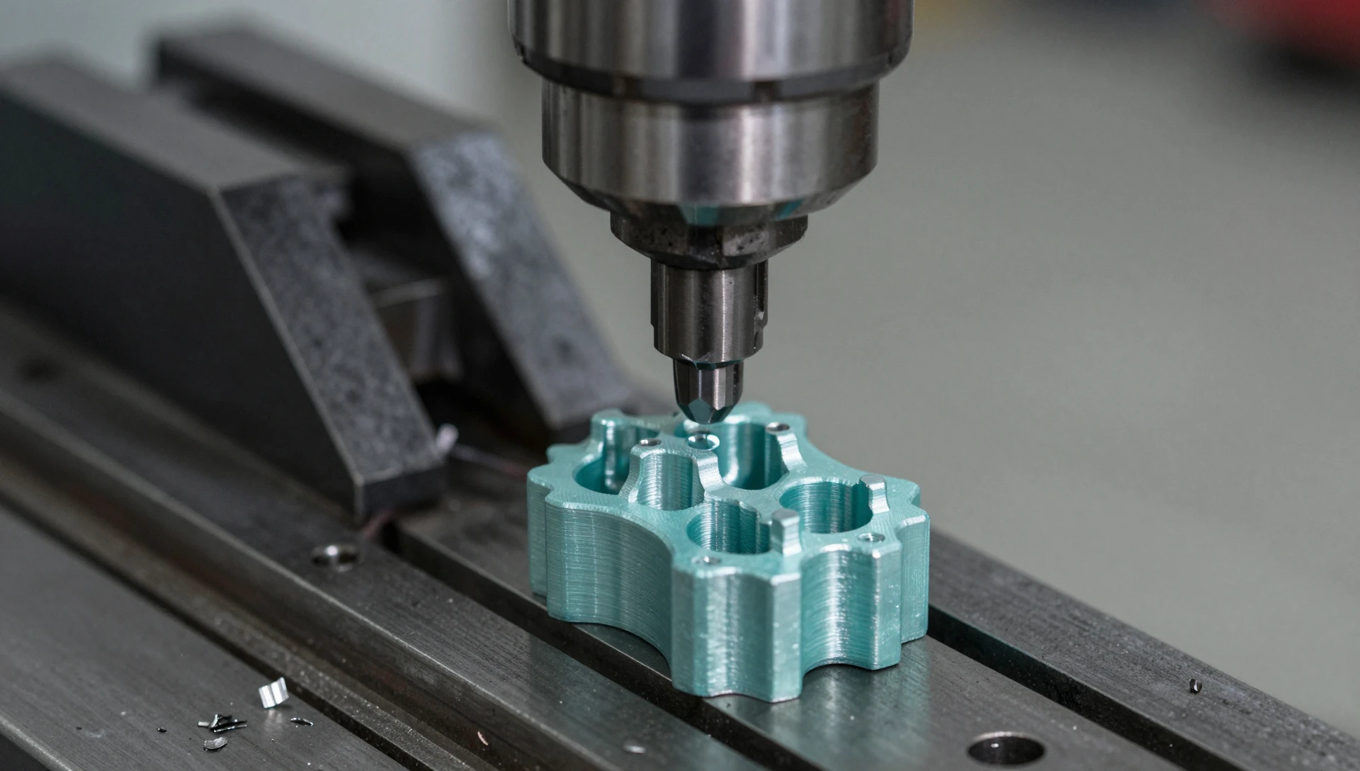 Jig and Fixture Design for 3D Printing — The Proven Guide 4 3D printed work holding — custom PETG soft jaws holding an aluminum part in a CNC milling vise for precise machining