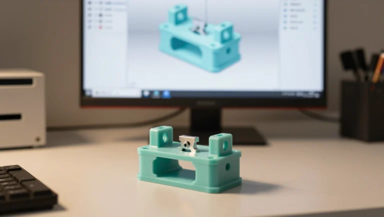 Jig and fixture design for 3D printing — PETG locating fixture holding a machined part on a workshop workbench