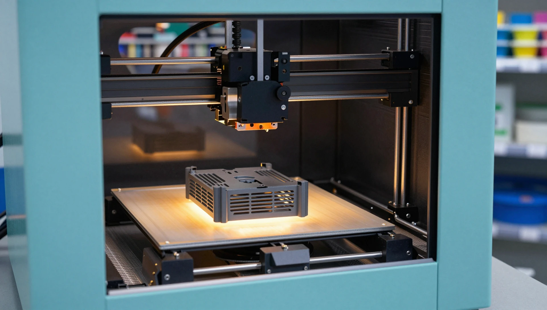 FDM 3D Printing Material Selection — A Proven Filament Guide 3 ABS 3D printed engineering housing mid-print inside enclosed FDM 3D printer
