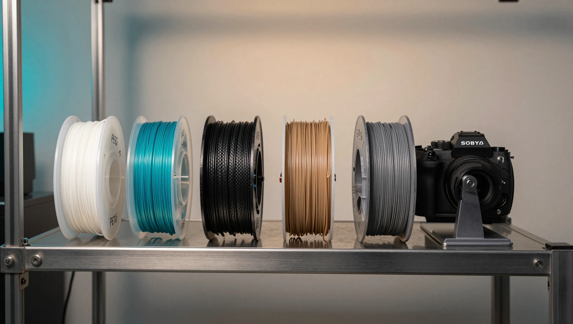 FDM 3D Printing Material Selection — A Proven Filament Guide 4 material selection for fdm 3d printing — organized filament rack with PLA PETG ABS nylon and carbon fiber spools