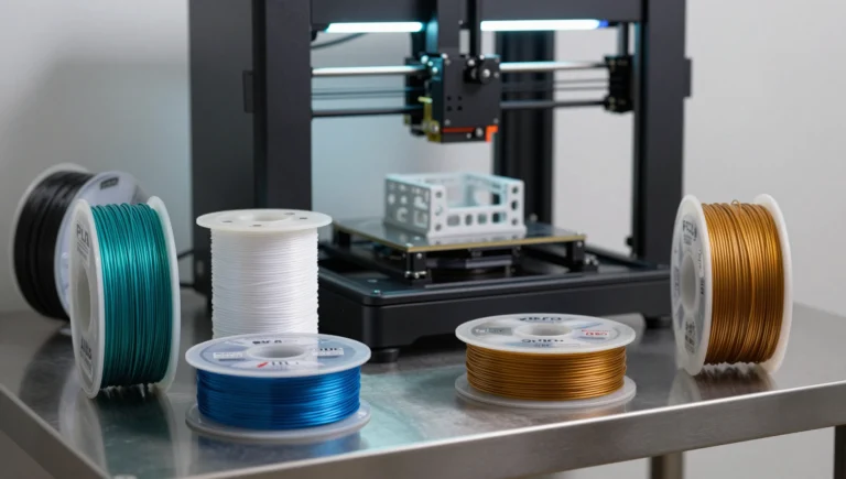 material selection for fdm 3d printing — filament spools and 3D printer in workshop