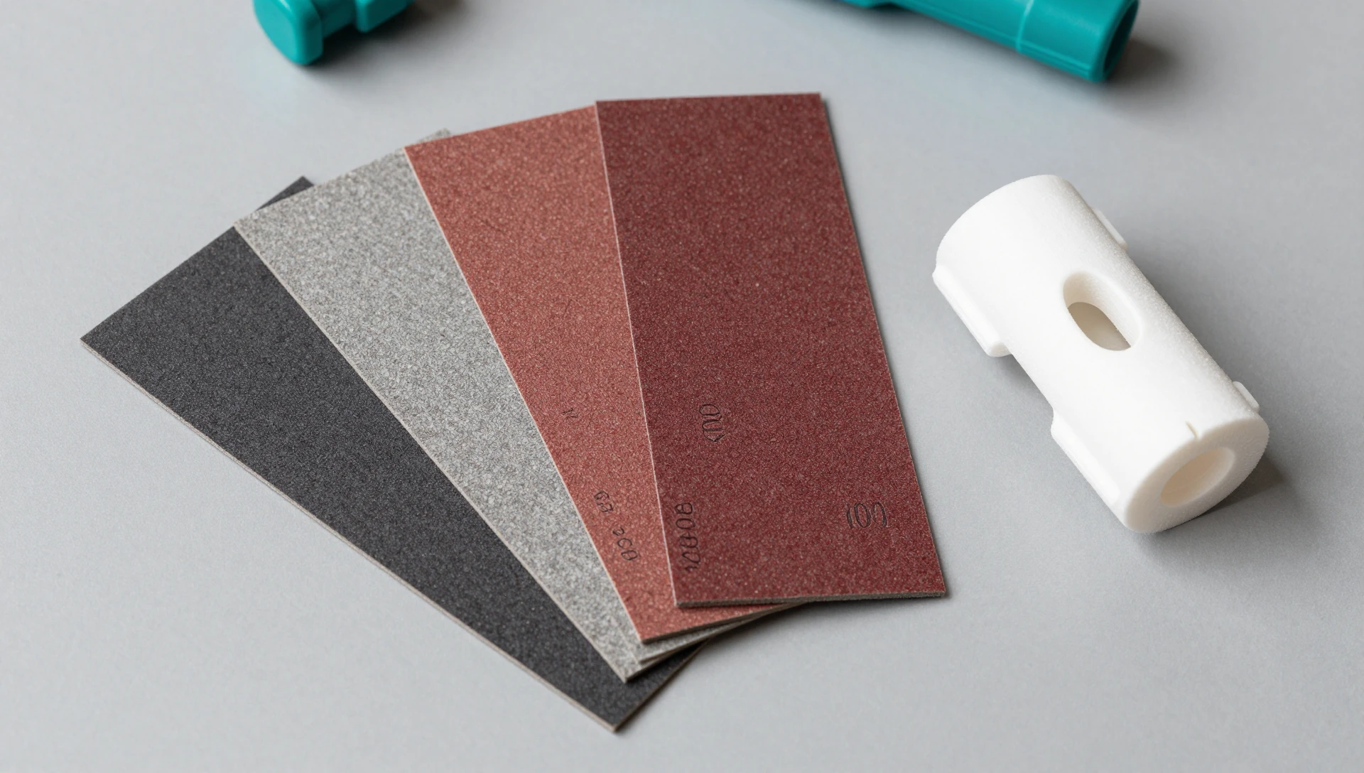 Post-Processing 3D Printed Parts — A Proven Finishing Guide 2 Multiple sandpaper grits for post-processing 3D printed parts — 120 to 800 grit sheets on a workshop surface for progressive FDM surface finishing