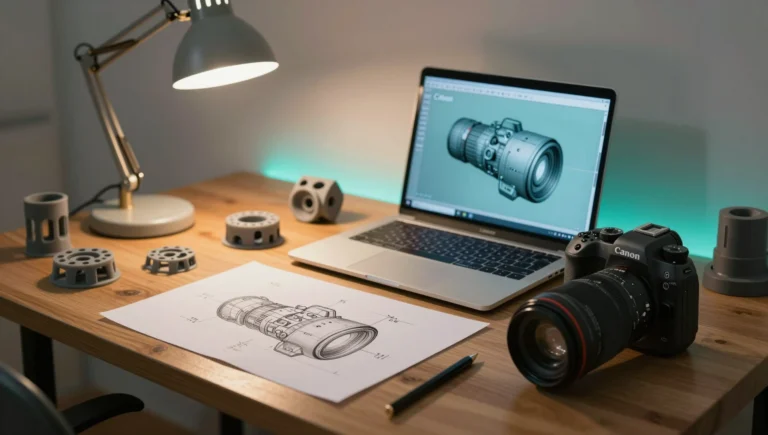 product design for inventors workspace showing hand sketch next to SolidWorks CAD model and 3D printed prototypes