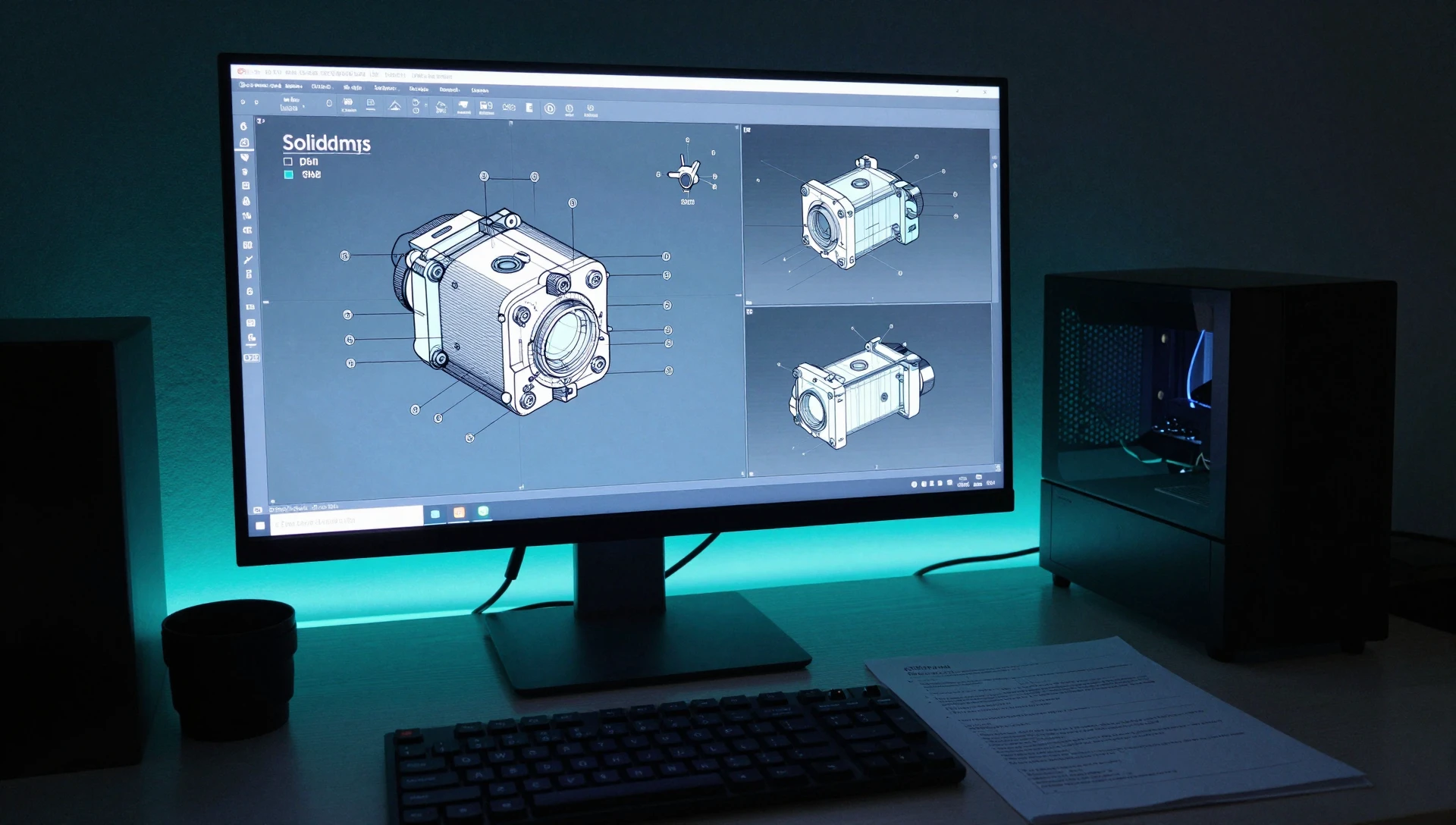 Product Design for Inventors — The Essential Guide 4 SolidWorks technical drawing layout with multiple orthographic views and numbered leaders for inventor patent filing