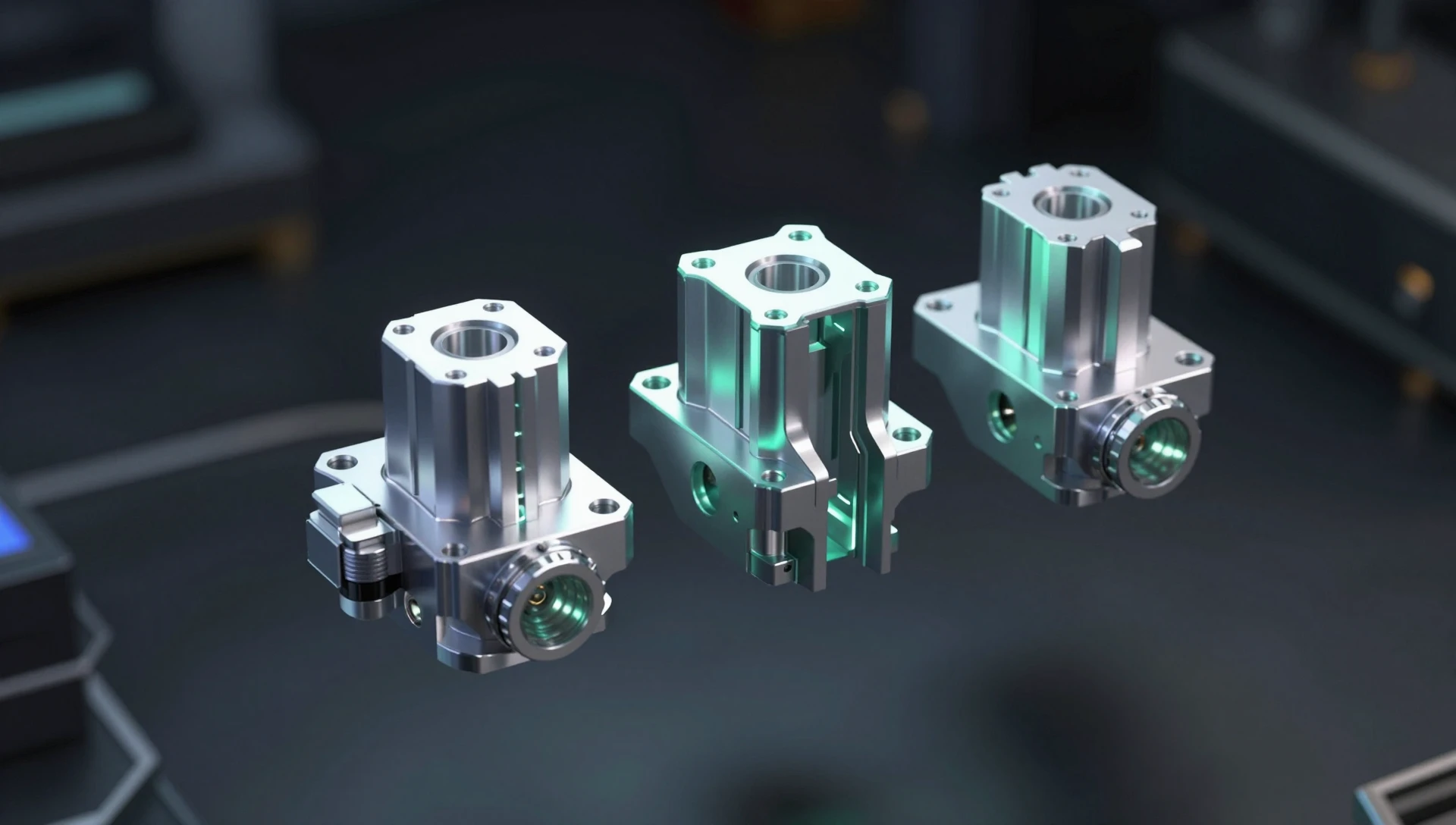 SolidWorks assembly design — multi-part mechanical components floating in precise alignment before mating