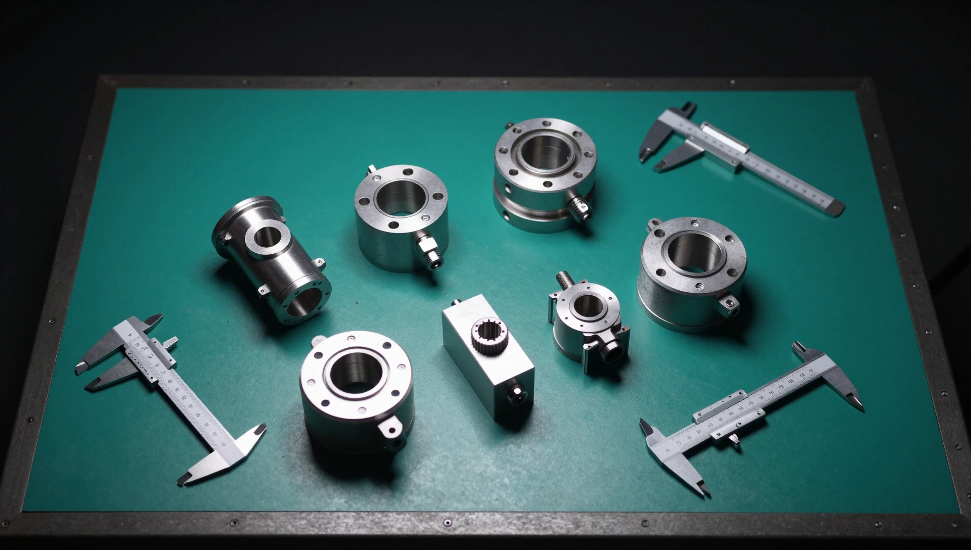 SolidWorks assembly design — multi-part mechanical components being assembled on an engineering workbench