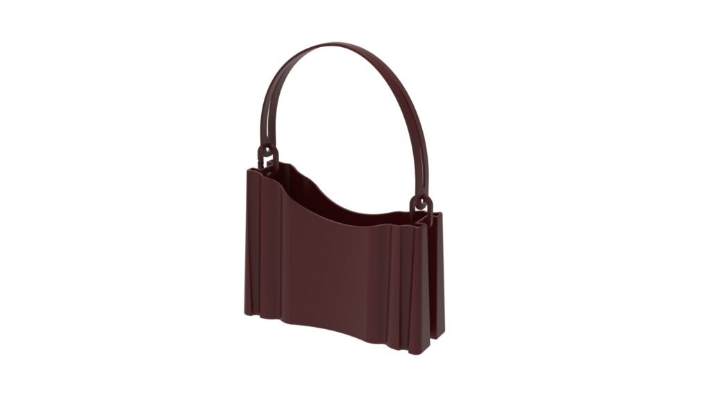 Dark burgundy shoulder bag with a single curved handle, 3D render, front view